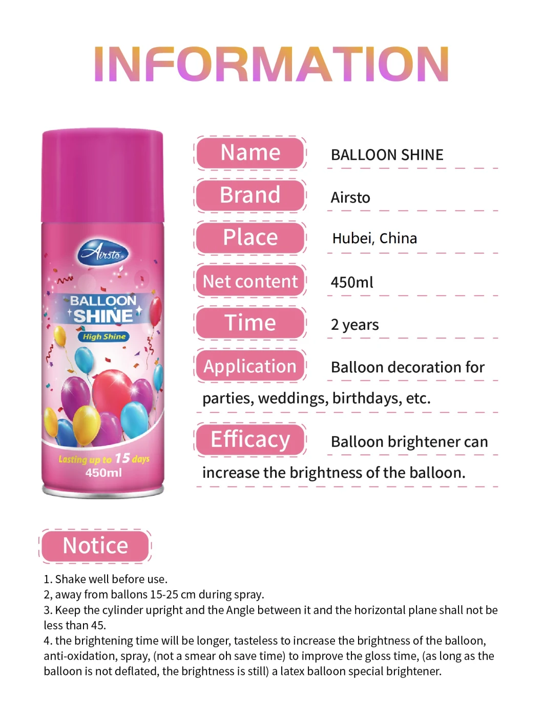 OEM Party Supplies Long Lasting Luster Convenient Use Latex Balloon Shine Spray and Polish